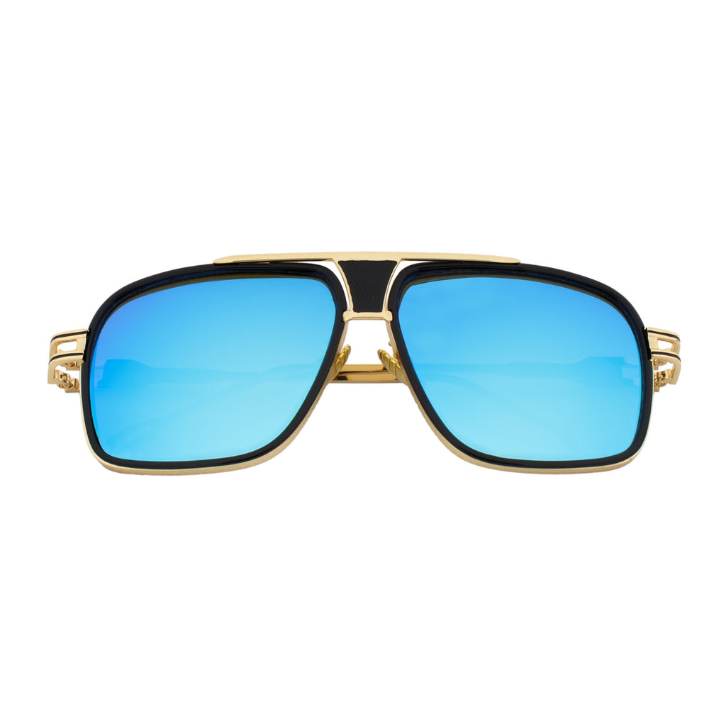 MAC - Two-Tone Square Metal Aviator Black-Gold  Sunglasses Blue Mirror Lens