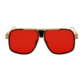 MAC - Two-Tone Square Metal Aviator Black-Gold Sunglasses Red Lens